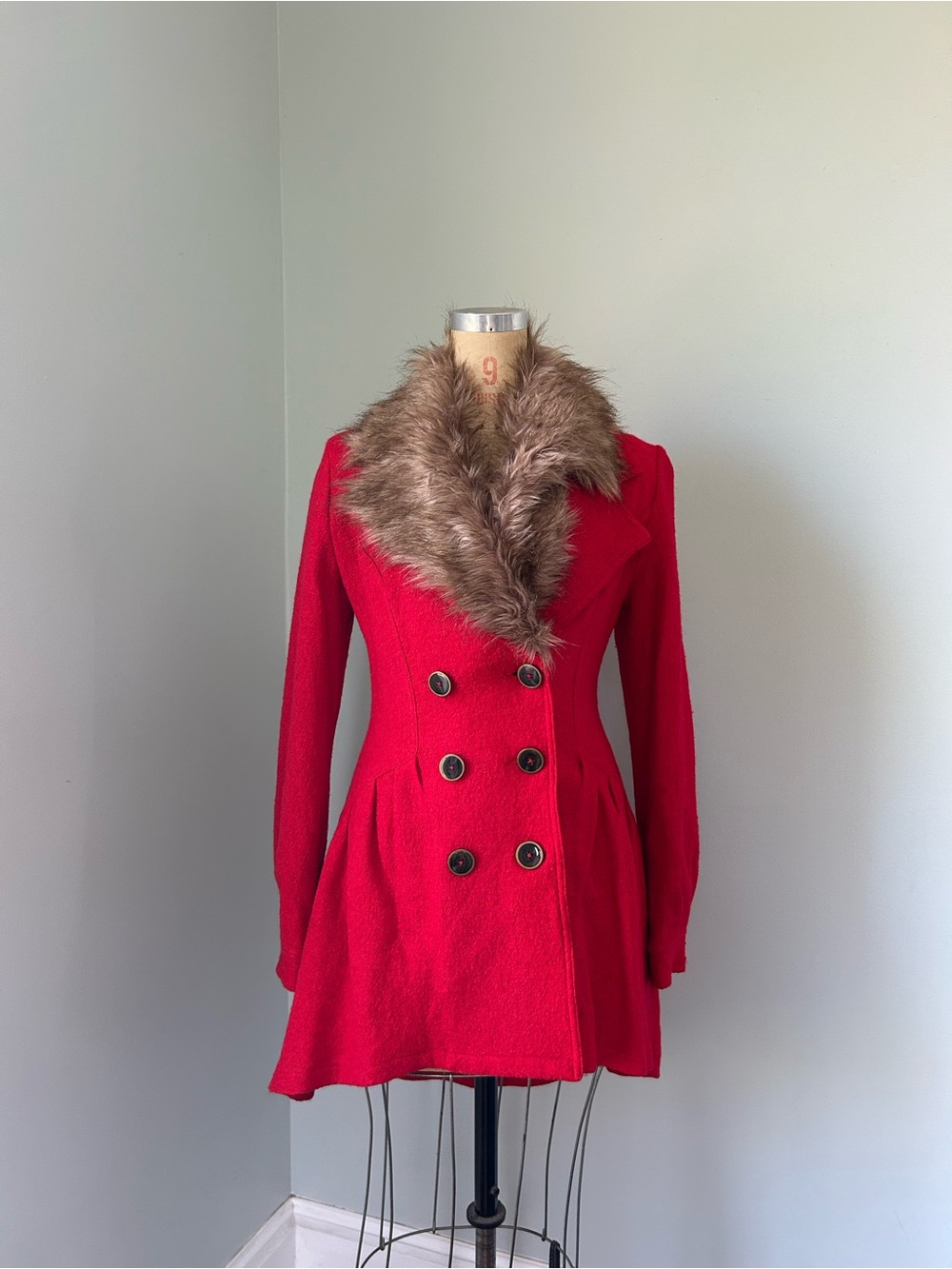 Free People Red Double-Breasted Pea Coat with Faux Fur Collar